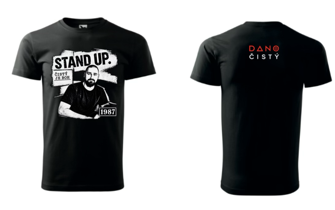 Čierne tričko Stand Up Čistý je Boh 1987 s portrétom vpredu a logom vzadu